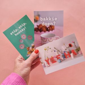 Set van 3 fotokaarten: Yieha, Hoera en Bakkie doen